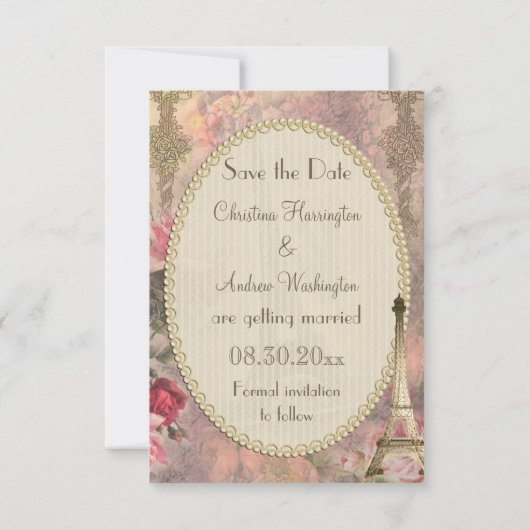Shabby Chic Eiffelturm & Rose Save the Date (Rückseite)