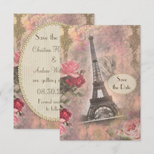Shabby Chic Eiffelturm & Rose Save the Date (Vorne/Hinten)