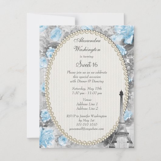 Shabby Chic Eiffelturm & Rose Sweet 16 Einladung (Rückseite)