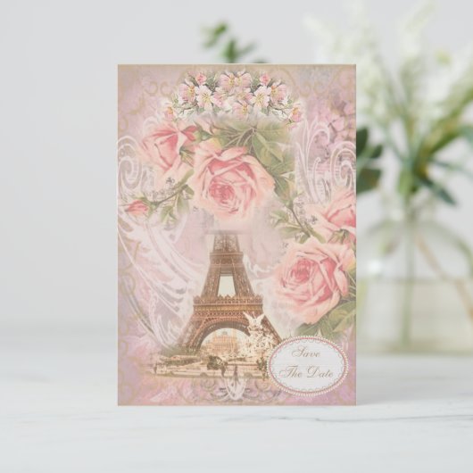 Shabby Chic Eiffelturm Save the Date Hochzeit (Stehend Vorderseite)