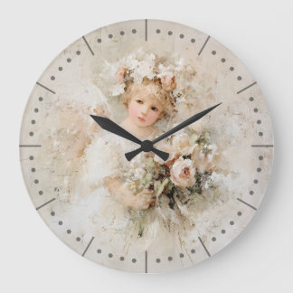 Shabby Chic Engel mit romantischen rosa Rosen Große Wanduhr