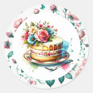 Shabby Chic Floral Birthday Cake Runder Aufkleber