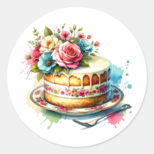 Shabby Chic Floral Birthday Cake Runder Aufkleber