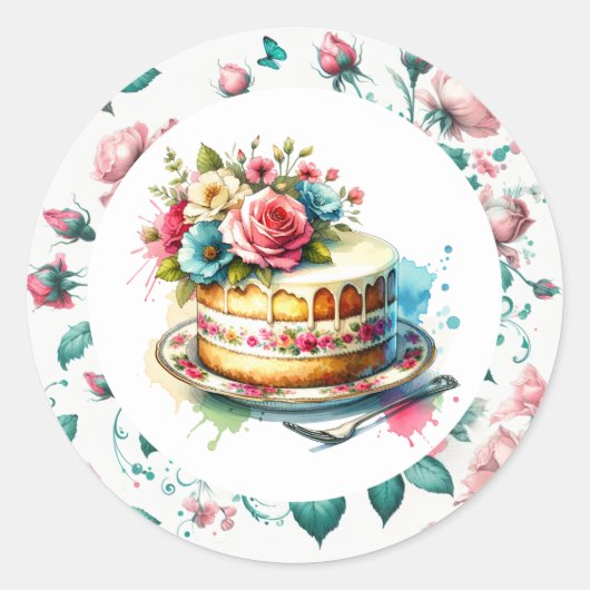 Shabby Chic Floral Birthday Cake Runder Aufkleber (Vorderseite)