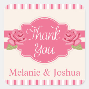 Shabby Chic Floral Danke Rosa Rosen & Streifen Quadratischer Aufkleber