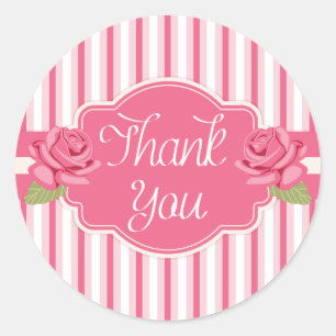 Shabby Chic Floral Danke schön Rosa Rosen & Streif Runder Aufkleber