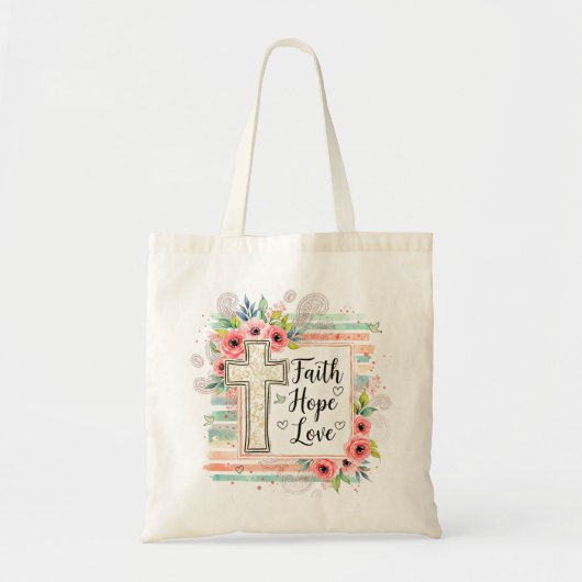 Shabby Chic floral Faith Hope Love Tragetasche (Vorne)