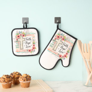 Shabby Chic floral Glaube Hoffnung Liebe Ofenhandschuh & Topflappen-Set