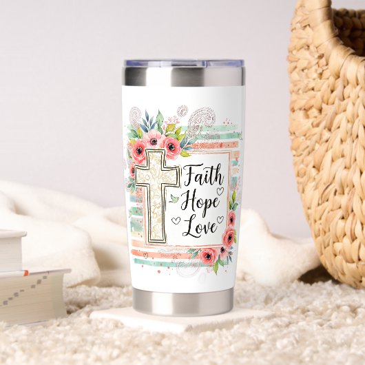 Shabby Chic floral Glaube Hoffnung Liebe Thermobecher (Wohnzimmer (gedreht))