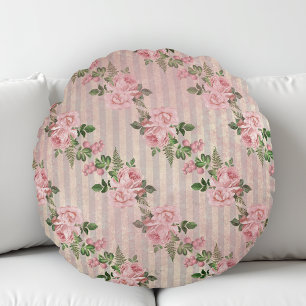 Shabby Chic Floral Grunge Streifen Rosa Rundes Kissen