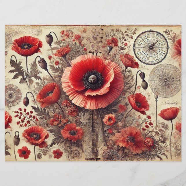 Shabby Chic Floral Poppies Scrapbook Paper (Vorderseite)