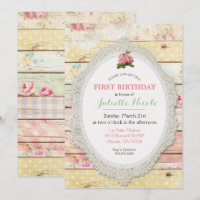 Shabby Chic Floral Wood Erster Geburtstag Einladun