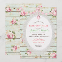 Shabby Chic Floral Wood Erster Geburtstag Einladun