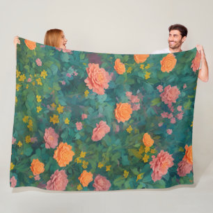 Shabby Chic Florale Rosen und Blätter Boho Fleecedecke