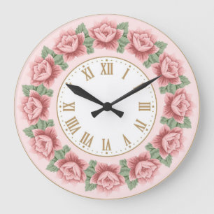 Shabby Chic Französischer Vintage-Staubrose Blumen Große Wanduhr