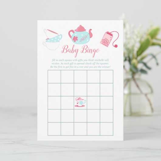 Shabby-Chic Girl Baby Dusche Tee Party Bingo Einladung (Stehend Vorderseite)