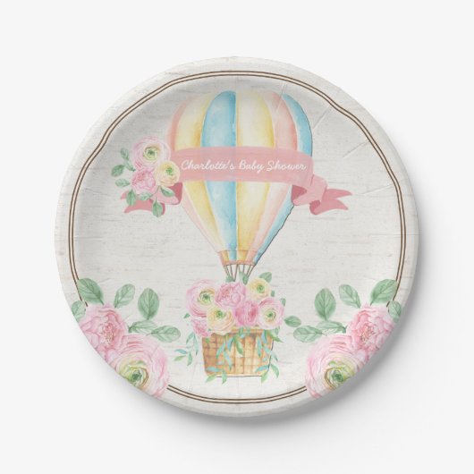 Shabby Chic-Heißluft-Ballon-Rosa-Blumendusche Pappteller (Vorderseite)