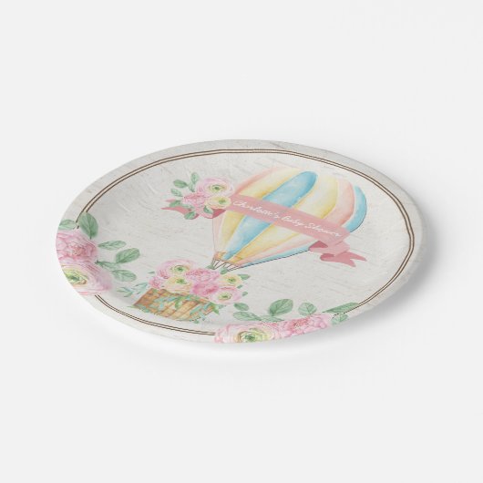 Shabby Chic-Heißluft-Ballon-Rosa-Blumendusche Pappteller (Schrägansicht)