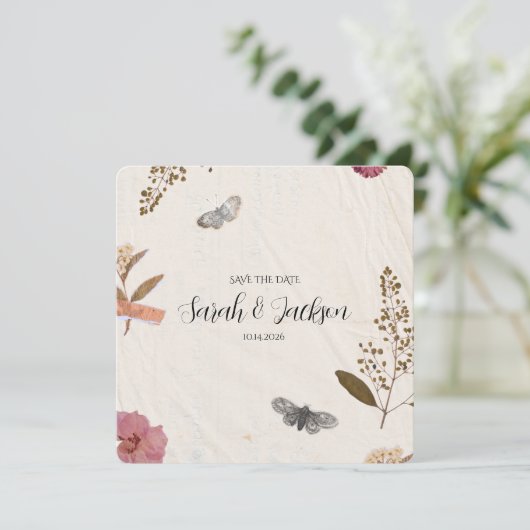 Shabby Chic Hochzeit Pressed Blume Save The Date (Stehend Vorderseite)