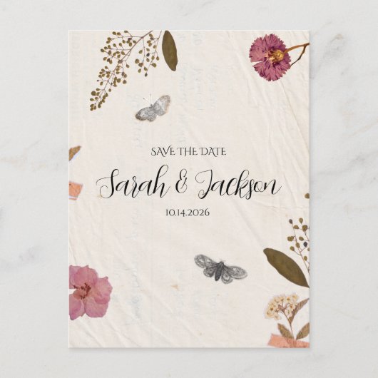 Shabby Chic Hochzeit Pressed Blume Save the Date Postkarte (Vorderseite)