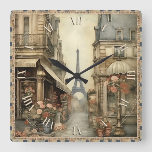 Shabby Chic in Paris Quadratische Wanduhr (Vorderseite)