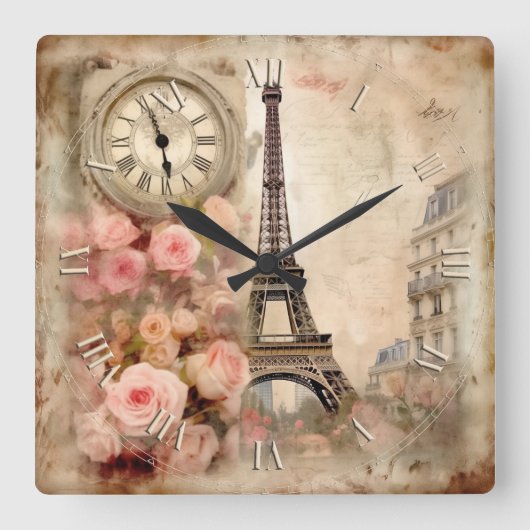 Shabby Chic in Paris romance pink - Quadratische Wanduhr (Vorderseite)