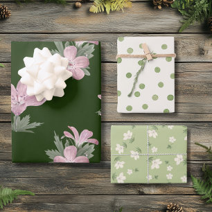 Shabby Chic Jägergrün Rosa Blumen Cottagecore Geschenkpapier Set