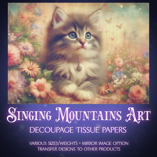 Shabby Chic Kitten Wildflower DIY Craft Decoupage Seidenpapier