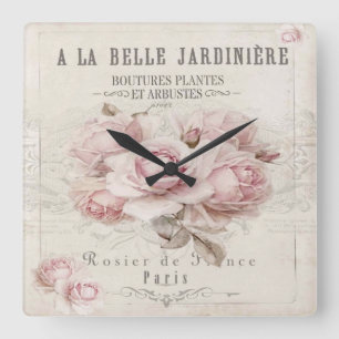 Shabby Chic,Ländlich,Retro,Blumen,Collage,Landhaus Quadratische Wanduhr