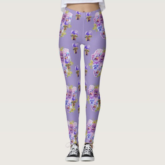 Shabby Chic Lavender Lila Pansy Floral Leggings (Vorderseite)