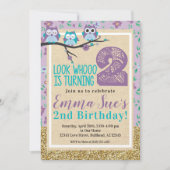 Shabby Chic Lila Owl 2. Geburtstag Einladung (Vorderseite)