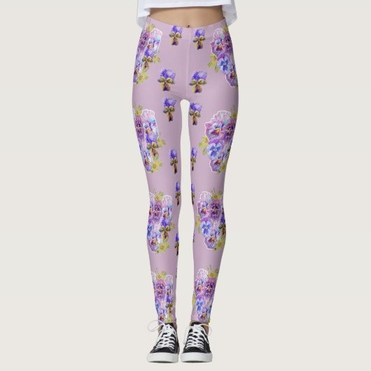 Shabby Chic Lilac Lila Pansy Floral Leggings (Vorderseite)