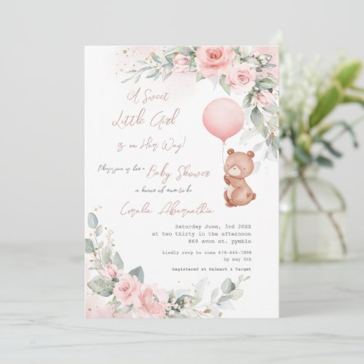 Shabby Chic Little Bear Blush Bloral Baby Dusche Einladung (Stehend Vorderseite)