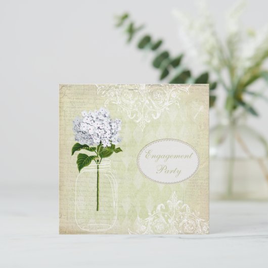 Shabby Chic-Maurerglas-u. Hydrangea-Verlobung Einladung (Stehend Vorderseite)