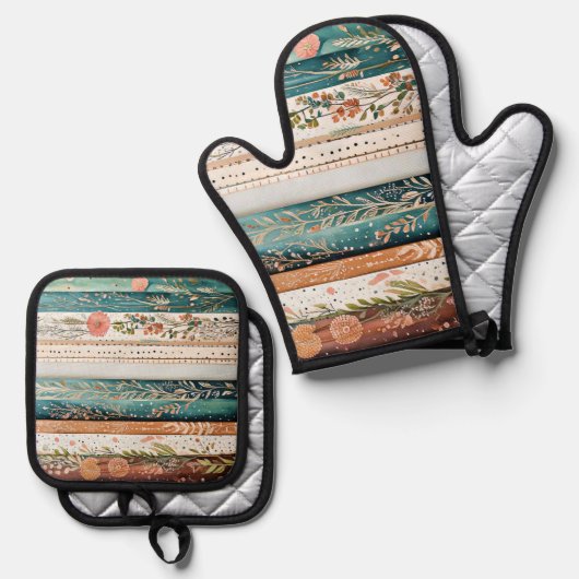 Shabby Chic-Mischmuster Ofenhandschuh & Topflappen-Set (Vorderseite/Rückseite)