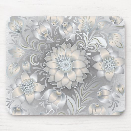 Shabby Chic-neutrales graues Weiß-mit Blumensilber Mousepad (Vorne)
