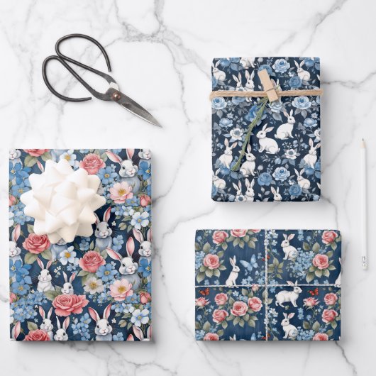 Shabby Chic Oaster Bunnies Florals Navy Blue Geschenkpapier Set (Vorderseite)