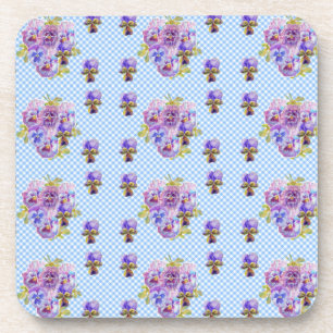 Shabby Chic Pansy Floral Blue Gingham Karos Getränkeuntersetzer