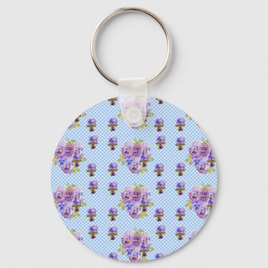 Shabby Chic Pansy Floral Blue Gingham Karos Schlüsselanhänger (Vorderseite)