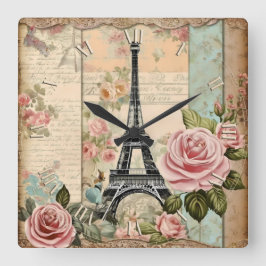 Shabby Chic-Papierparis - Quadratische Wanduhr