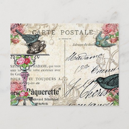 Shabby Chic Paris Bluebird Postcard Postkarte (Vorderseite)