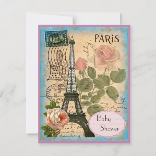 Shabby Chic Paris Eiffel Tower & Rose Babydusche Einladung (Vorderseite)