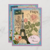 Shabby Chic Paris Eiffel Tower & Rose Babydusche Einladung (Vorne/Hinten)