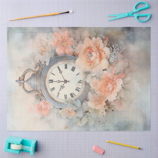 Shabby Chic Pastellgrün Pfirsichuhr Seidenpapier (Basteln)