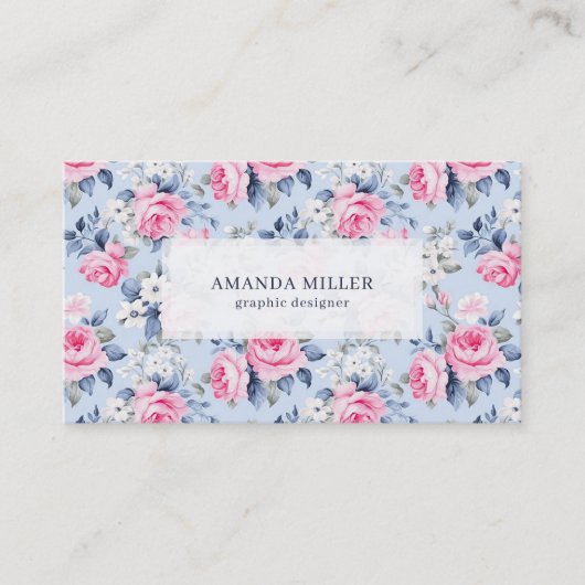 Shabby Chic Pastellrosa Rosenmuster auf blau Visitenkarte (Vorderseite)