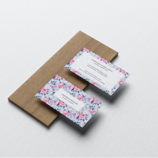 Shabby Chic Pastellrosa Rosenmuster auf blau Visitenkarte