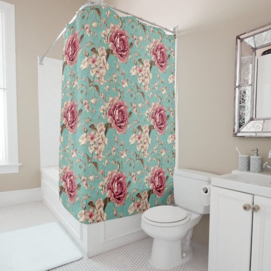 Shabby Chic Pink and White Florals on Teal Duschvorhang (Beispiel)