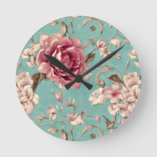 Shabby Chic Pink and White Florals on Teal Runde Wanduhr (Vorderseite)