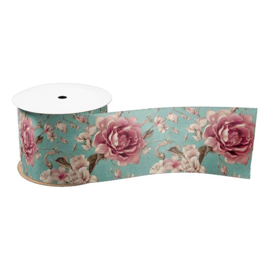 Shabby Chic Pink and White Florals on Teal Satinband (Spule)