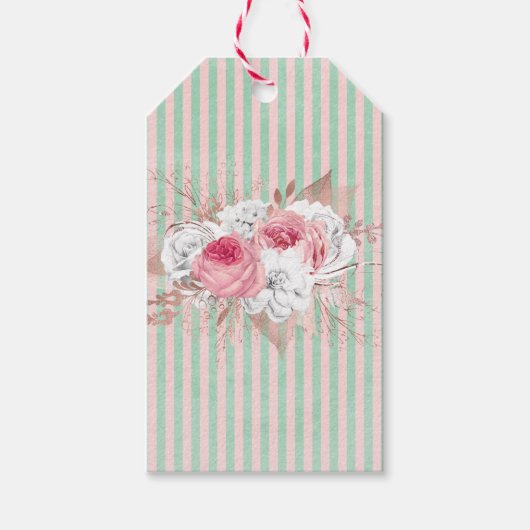Shabby Chic Pink Bouquet Streifen Geschenkanhänger (Vorderseite)